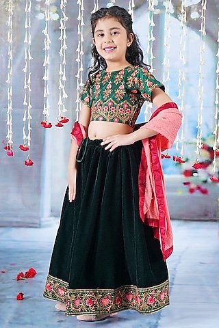 Green Velvet Floral Embroidered Lehenga Set For Girls by Little Bansi