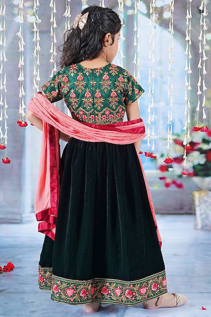 Green Velvet Floral Embroidered Lehenga Set For Girls by Little Bansi at Pernia's Pop Up Shop