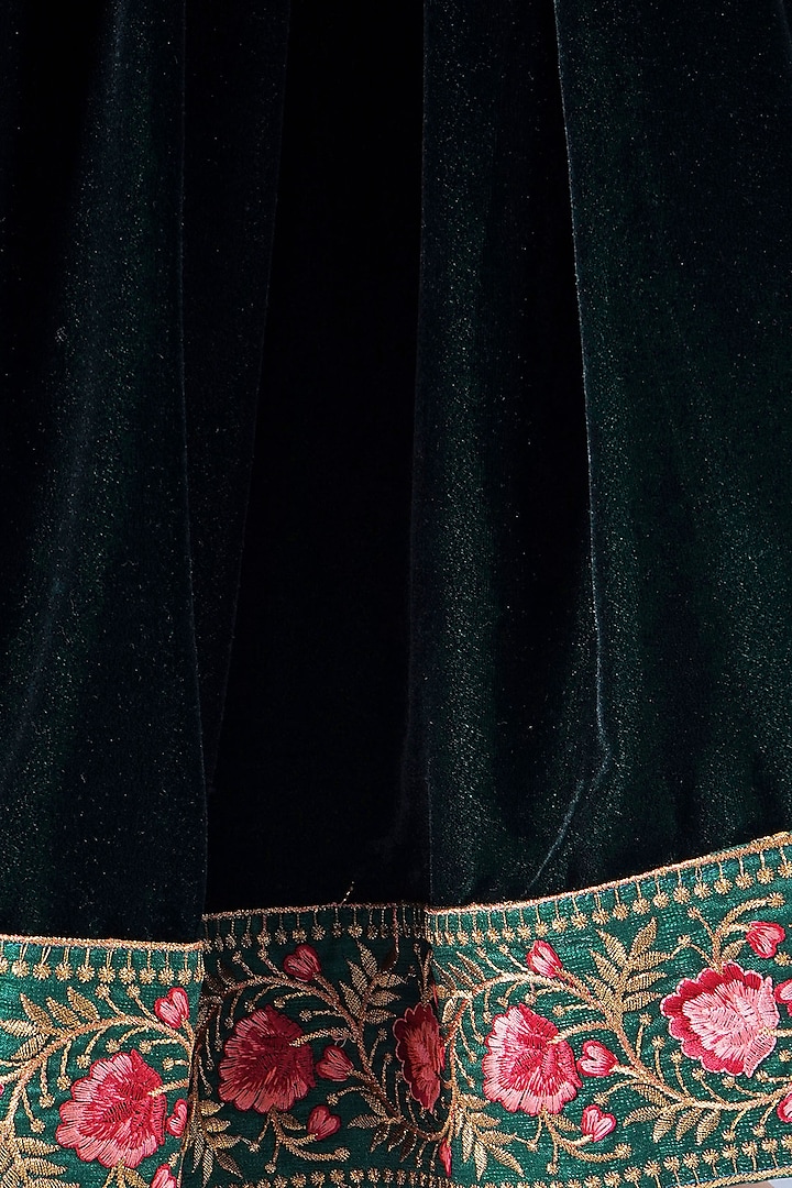 Green Velvet Floral Embroidered Lehenga Set For Girls by Little Bansi at Pernia's Pop Up Shop