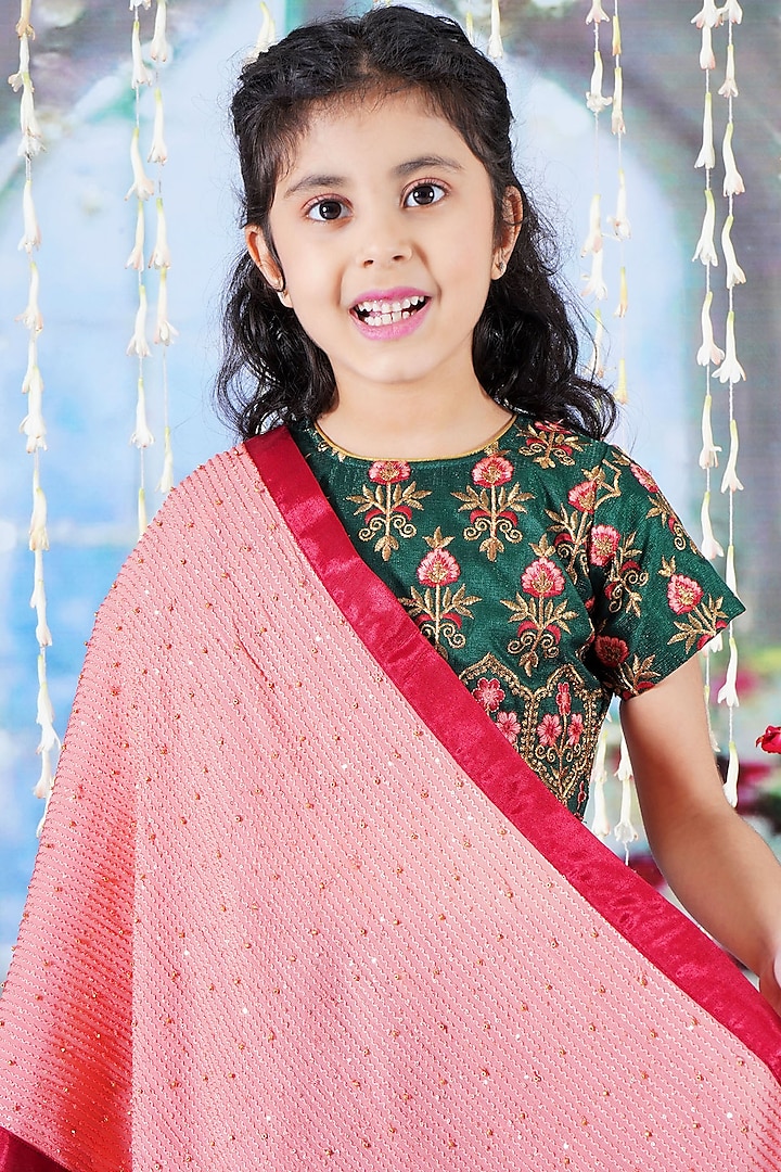 Green Velvet Floral Embroidered Lehenga Set For Girls by Little Bansi at Pernia's Pop Up Shop