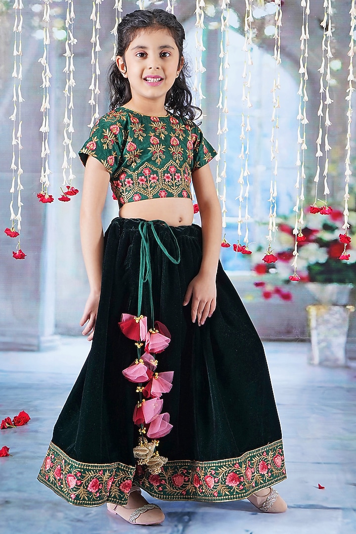 Green Velvet Floral Embroidered Lehenga Set For Girls by Little Bansi at Pernia's Pop Up Shop
