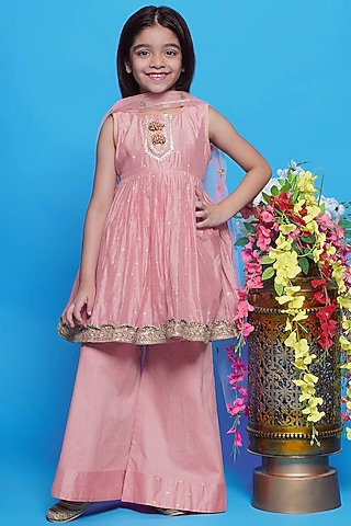 Girls Dusty Pink Embroidered Kurti Trouser Set – Soft Cotton Elegant Outfit
