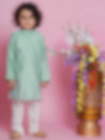 Dolphin Blue Chanderi Silk Embroidered Kurta Set Boys by Little Bansi at Pernia's Pop Up Shop