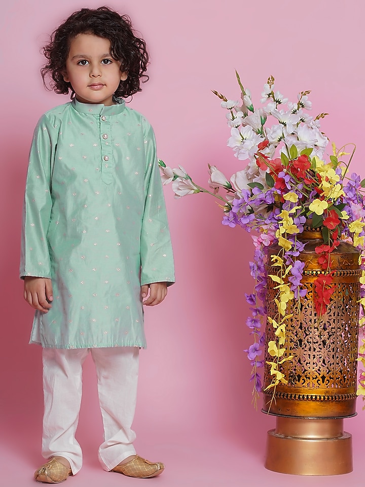 Dolphin Blue Chanderi Silk Embroidered Kurta Set Boys by Little Bansi at Pernia's Pop Up Shop