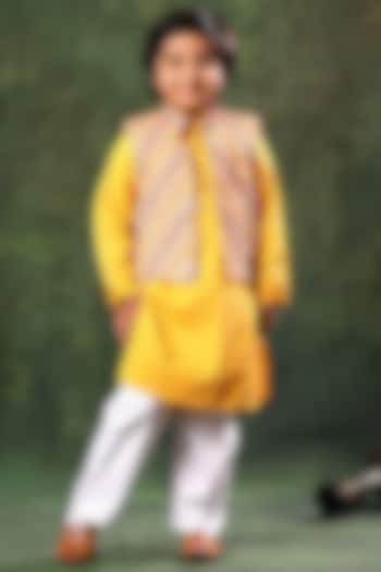 Multi-Colored Viscose Cotton Embellished Bundi Jacket With Kurta Set For Boys by LittleCheer at Pernia's Pop Up Shop