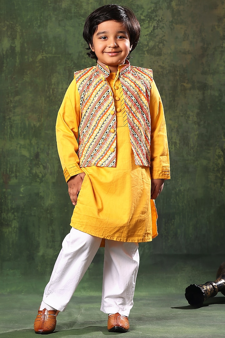 Multi-Colored Viscose Cotton Embellished Bundi Jacket With Kurta Set For Boys by LittleCheer at Pernia's Pop Up Shop