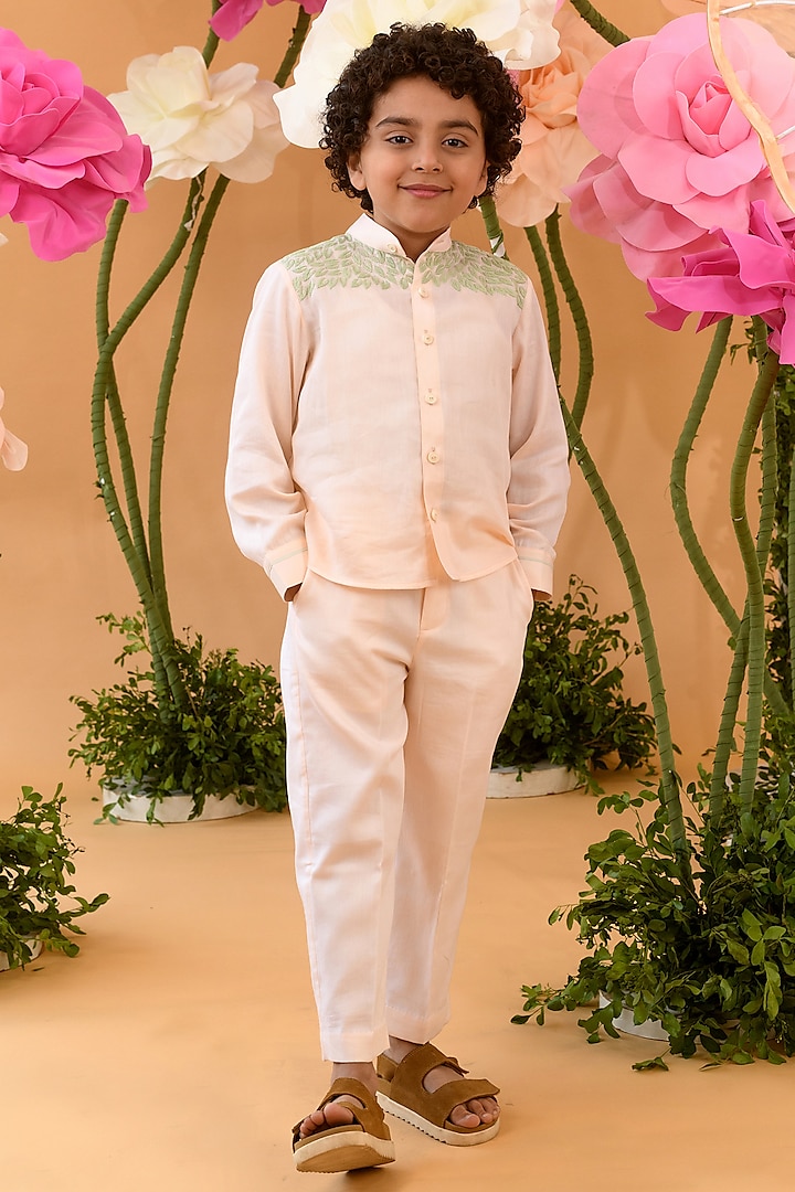 Peach Blush Cotton Satin Pants For Boys by Littleens