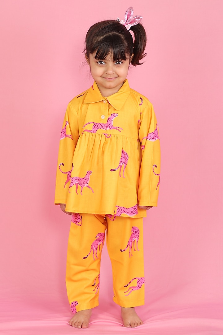 Yellow Cotton Screen Printed Night Suit For Girls by Little Duckling at Pernia's Pop Up Shop