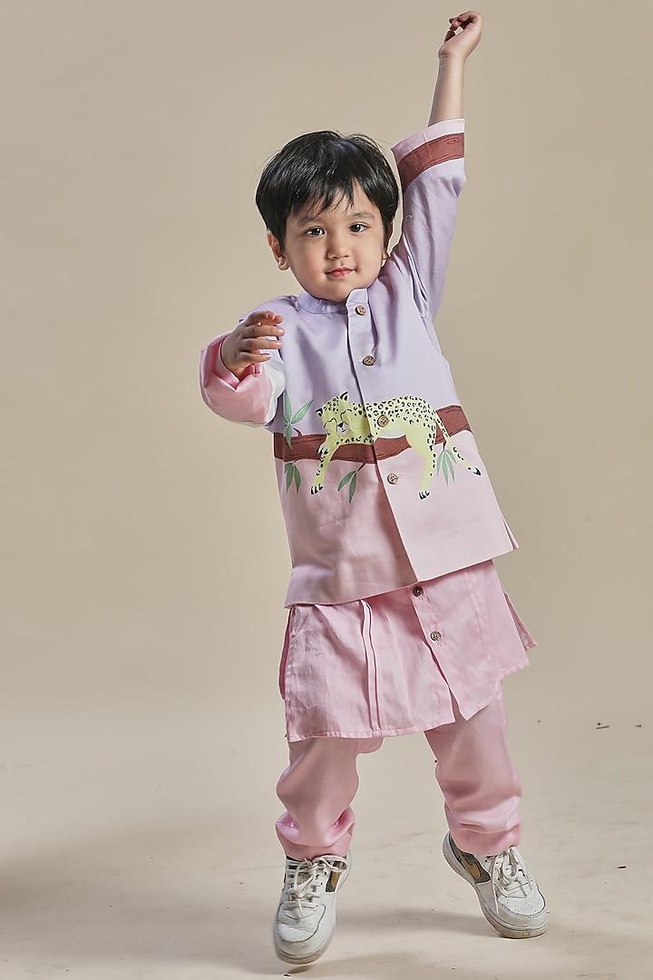 Pink & Lavender Cotton Satin Printed Bundi Jacket Set For Boys by Little Shiro