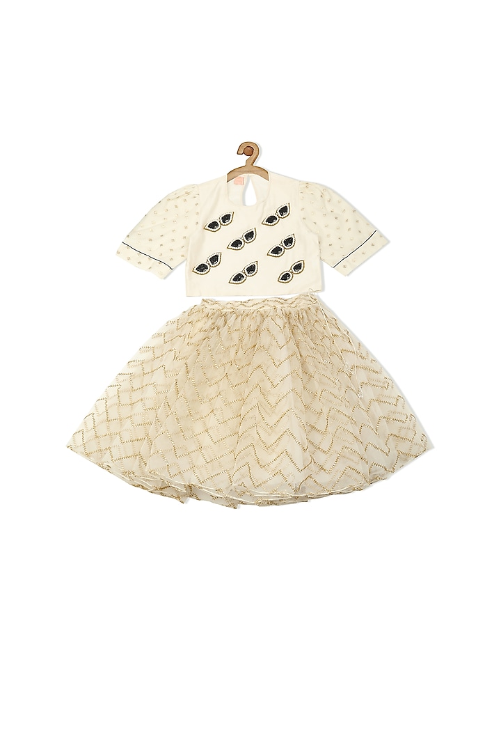 White & Beige Embroidered Skirt Set For Girls by Little Luxury