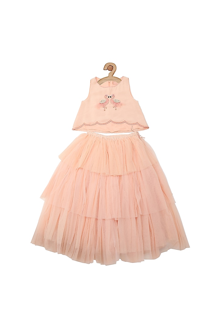 Shell Pink Embroidered Skirt Set For Girls by Little Luxury