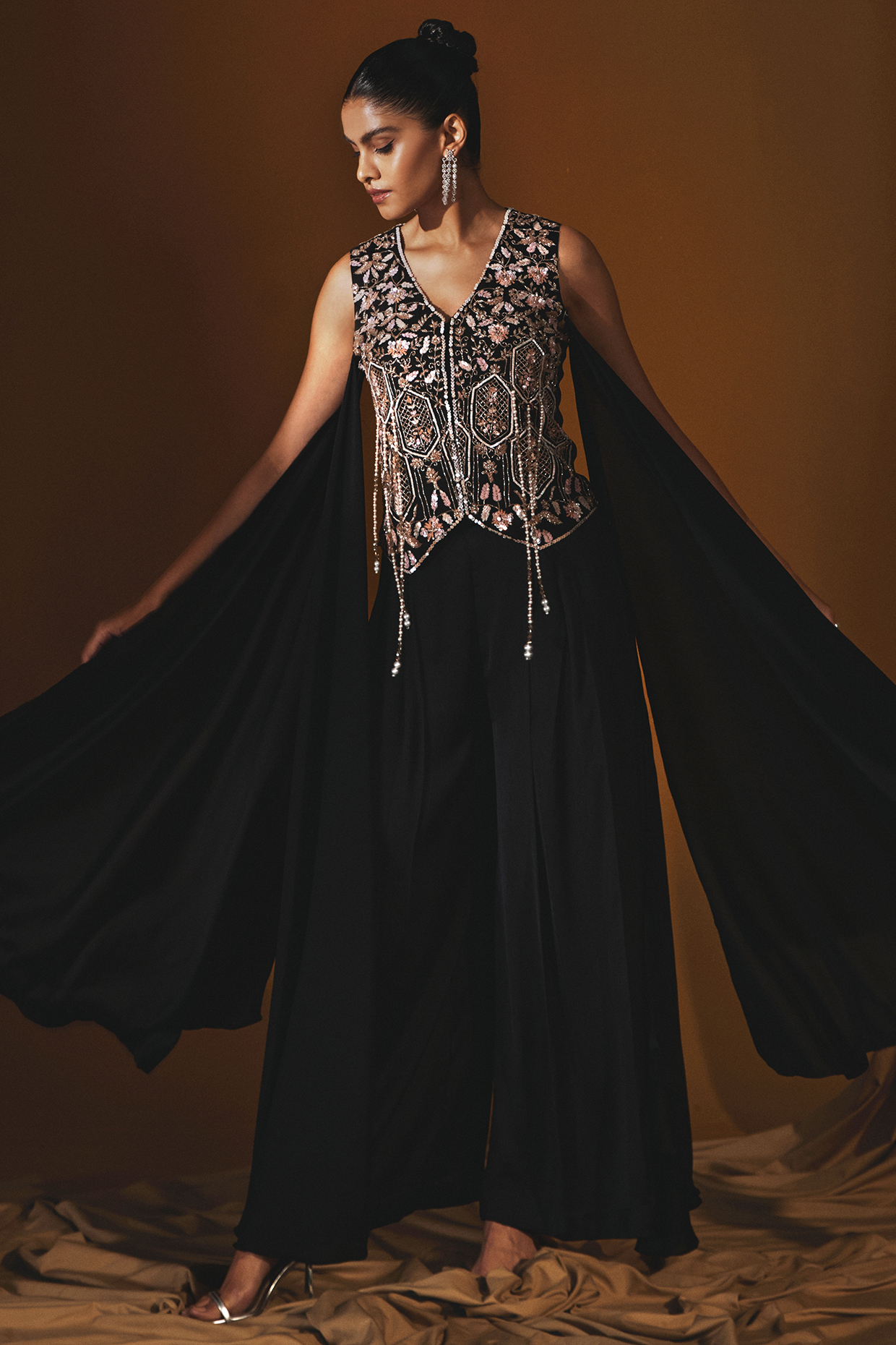 Black Chiffon Box Pleated Pant Set by Label Japji Arora at Pernia's Pop Up Shop