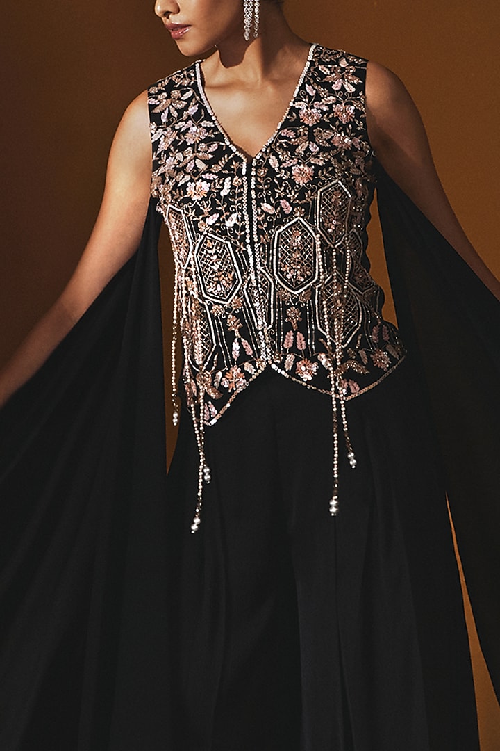 Black Chiffon Box Pleated Pant Set by Label Japji Arora at Pernia's Pop Up Shop