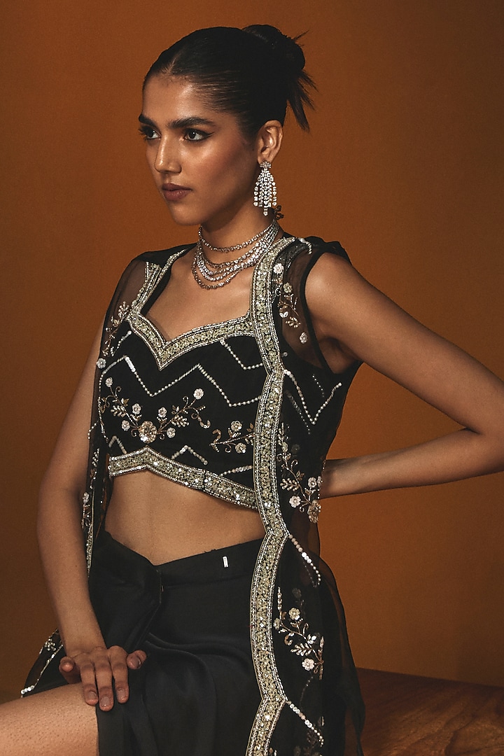 Black Organza Sequins Embroidered Jacket Set by Label Japji Arora at Pernia's Pop Up Shop