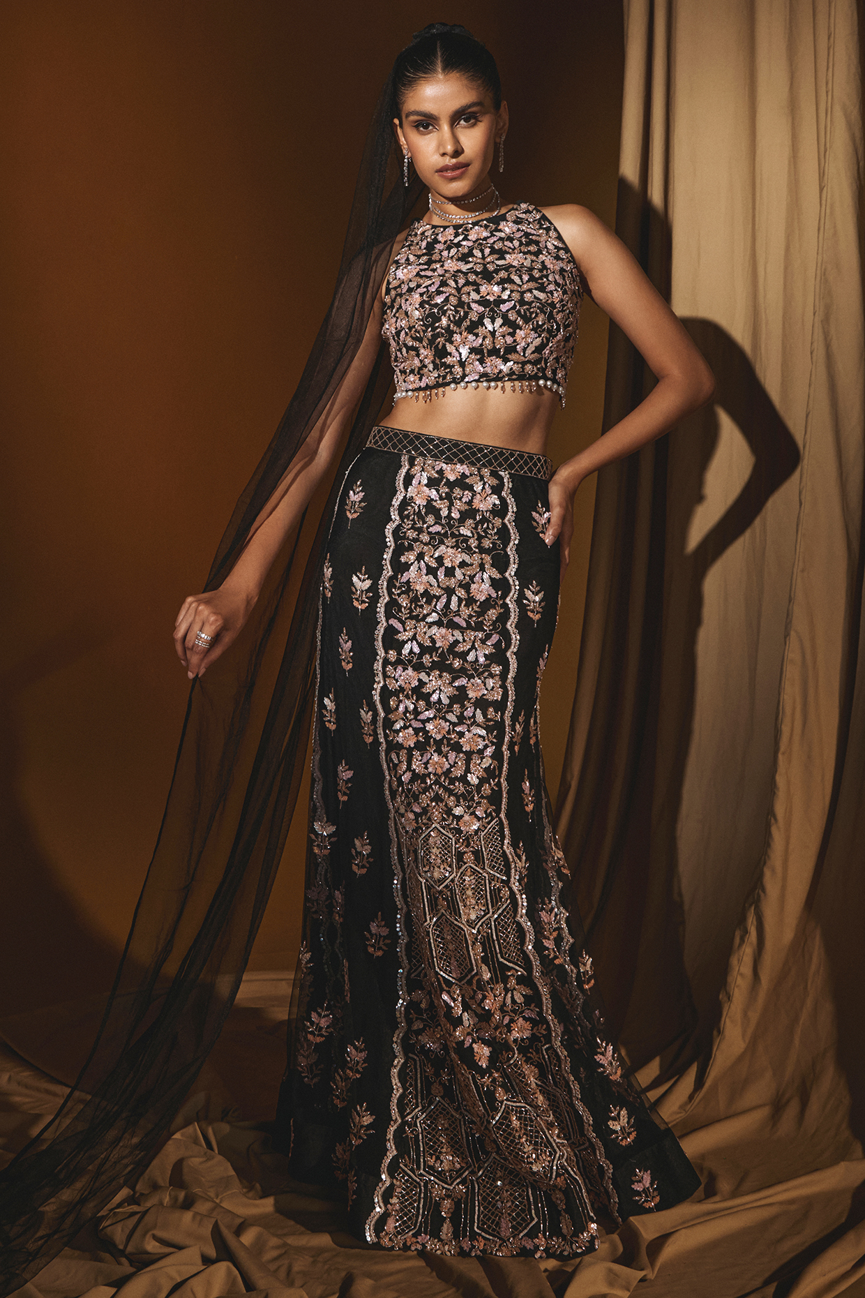 Black Net Sequins Embroidered Wedding Lehenga Set by Label Japji Arora at Pernia's Pop Up Shop