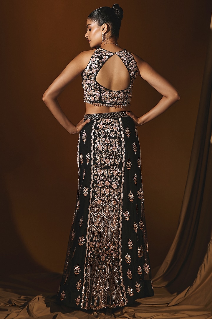 Black Net Sequins Embroidered Wedding Lehenga Set by Label Japji Arora at Pernia's Pop Up Shop