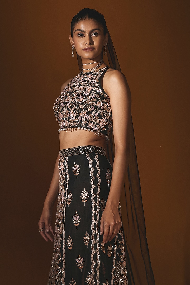 Black Net Sequins Embroidered Wedding Lehenga Set by Label Japji Arora at Pernia's Pop Up Shop