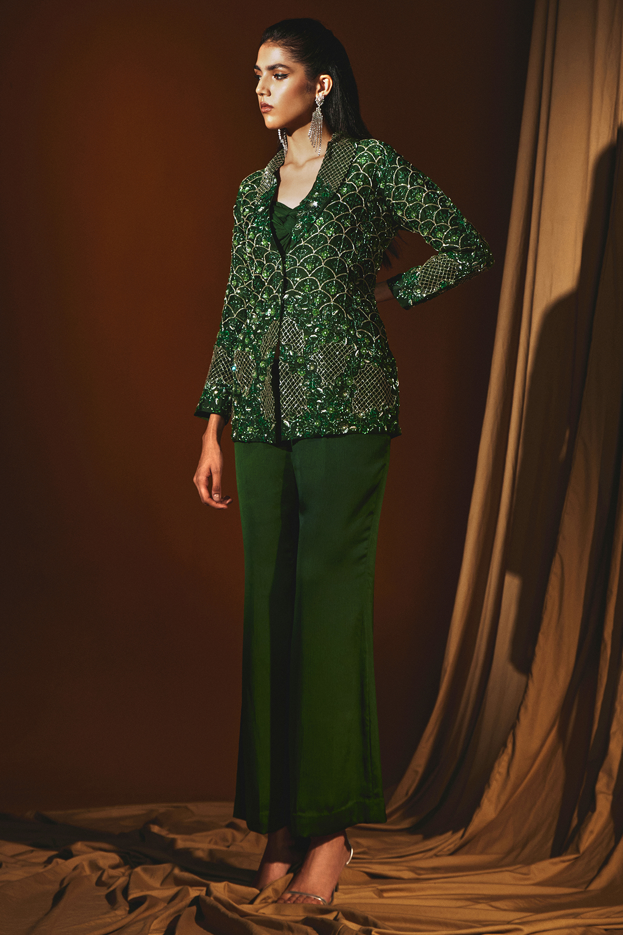 Green Organza Sequins Embroidered Jacket Set by Label Japji Arora at Pernia's Pop Up Shop