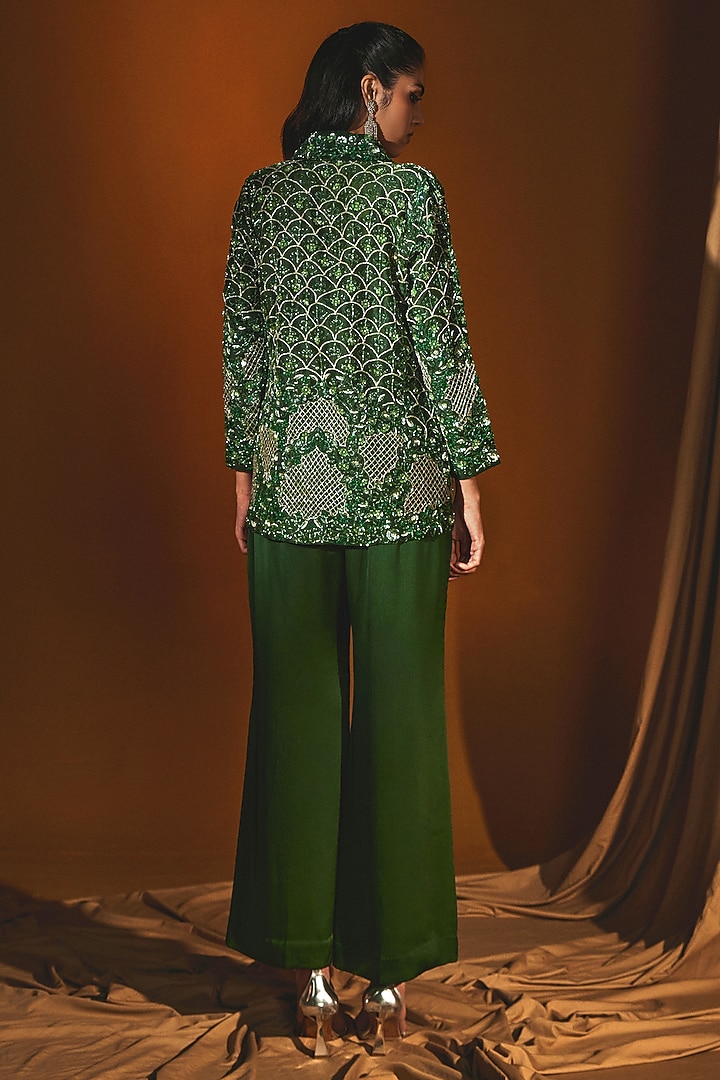 Green Organza Sequins Embroidered Jacket Set by Label Japji Arora at Pernia's Pop Up Shop