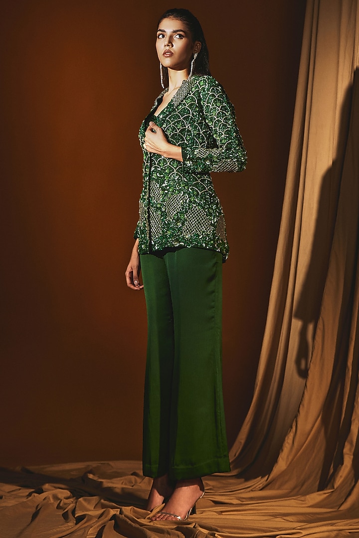 Green Organza Sequins Embroidered Jacket Set by Label Japji Arora at Pernia's Pop Up Shop