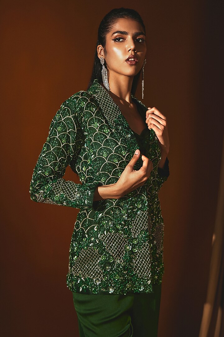 Green Organza Sequins Embroidered Jacket Set by Label Japji Arora at Pernia's Pop Up Shop