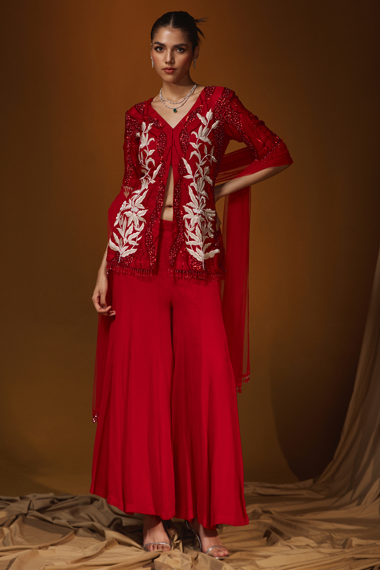 Red Georgette Kalidar Wedding Sharara Set by Label Japji Arora at Pernia's Pop Up Shop