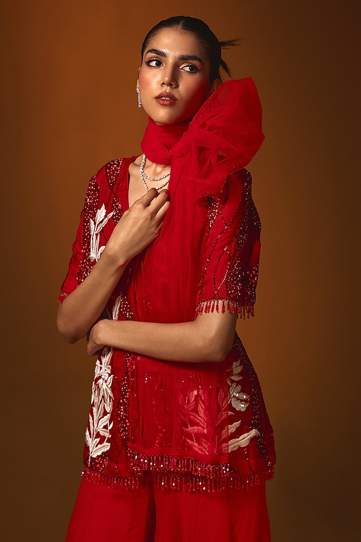 Red Georgette Kalidar Wedding Sharara Set by Label Japji Arora at Pernia's Pop Up Shop