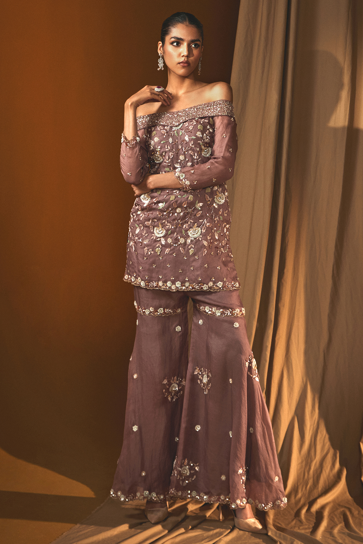 Purple Organza Sequins Embroidered Wedding Sharara Set by Label Japji Arora at Pernia's Pop Up Shop