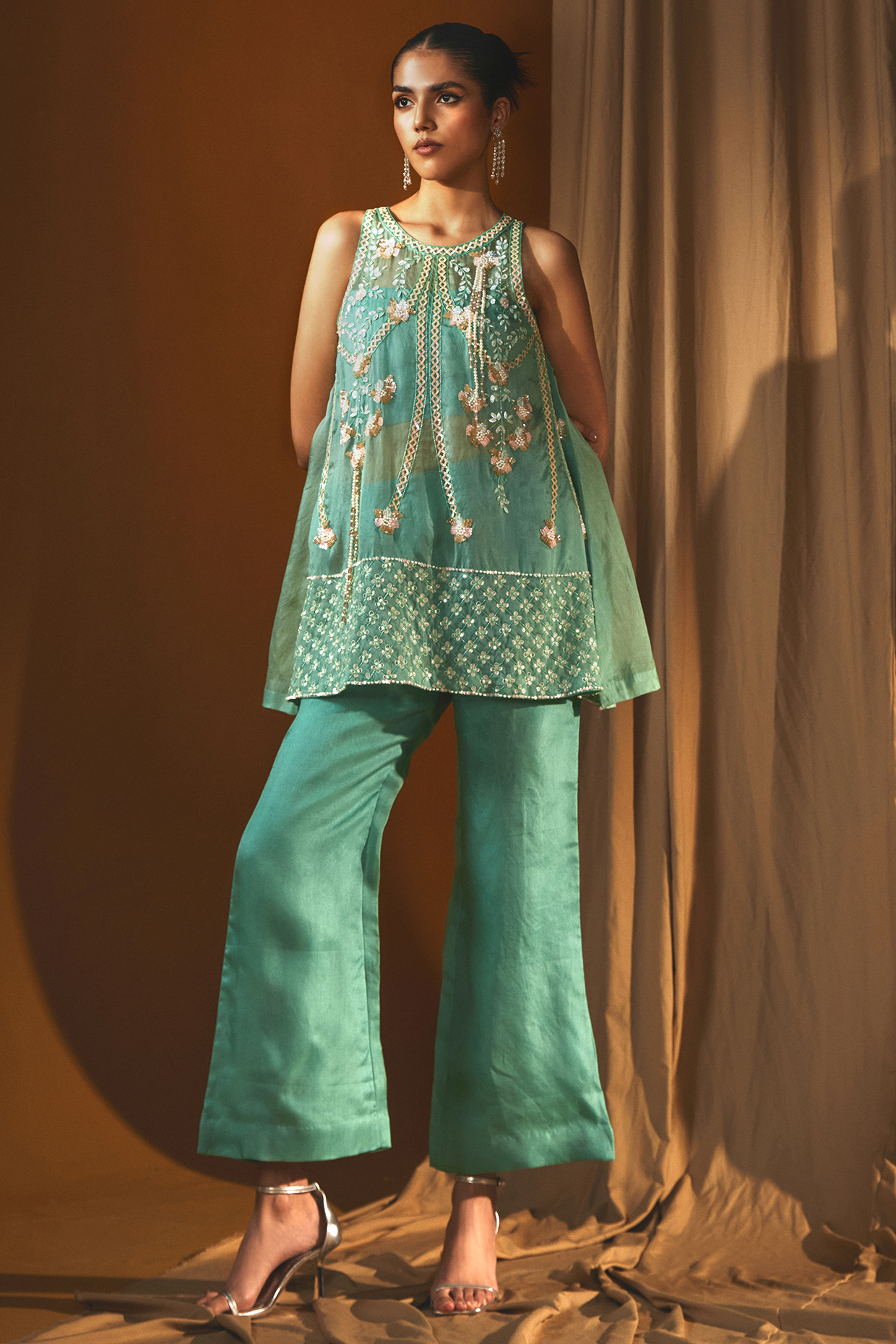 Green Organza Sequins Embroidered A-Line Tunic Set by Label Japji Arora at Pernia's Pop Up Shop
