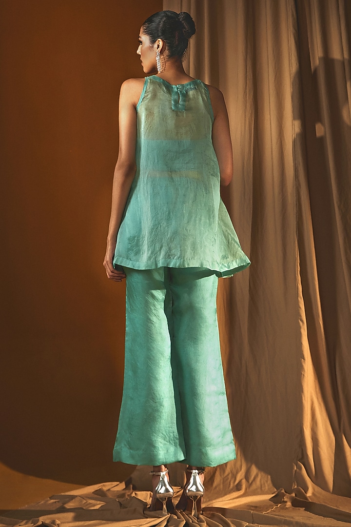 Green Organza Sequins Embroidered A-Line Tunic Set by Label Japji Arora at Pernia's Pop Up Shop
