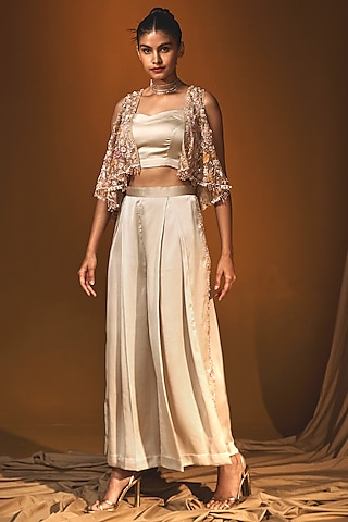 Beige Chiffon Pleated Pant Set by Label Japji Arora