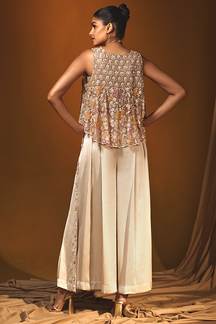 Beige Chiffon Pleated Pant Set by Label Japji Arora at Pernia's Pop Up Shop