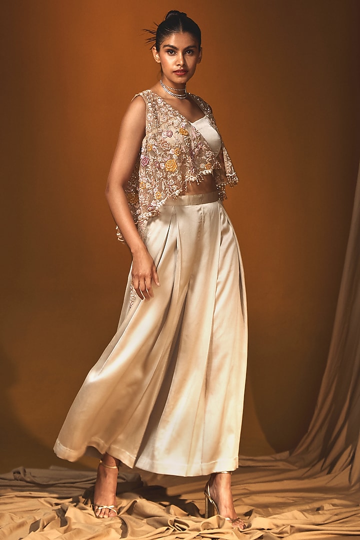Beige Chiffon Pleated Pant Set by Label Japji Arora at Pernia's Pop Up Shop