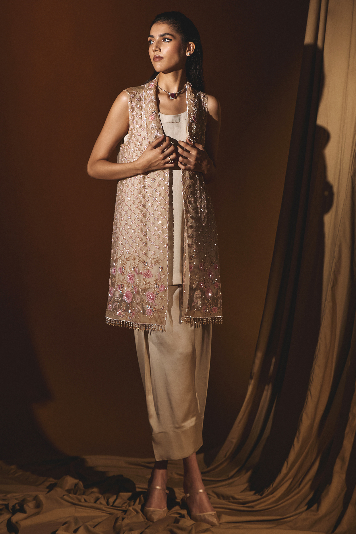 Beige Organza & Chiffon Sequins Embroidered Jacket Set by Label Japji Arora at Pernia's Pop Up Shop