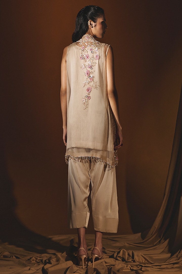 Beige Organza & Chiffon Sequins Embroidered Jacket Set by Label Japji Arora at Pernia's Pop Up Shop