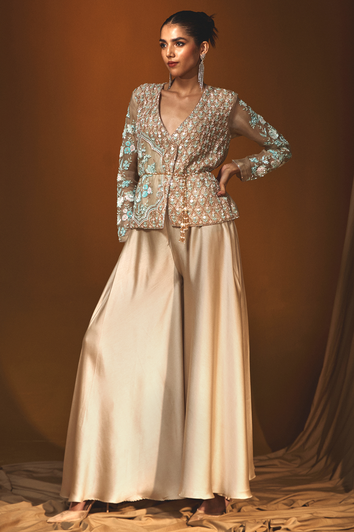 Beige Organza & Chiffon Sequins Embroidered Jacket Set by Label Japji Arora at Pernia's Pop Up Shop