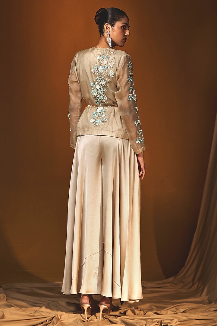 Beige Organza & Chiffon Sequins Embroidered Jacket Set by Label Japji Arora at Pernia's Pop Up Shop