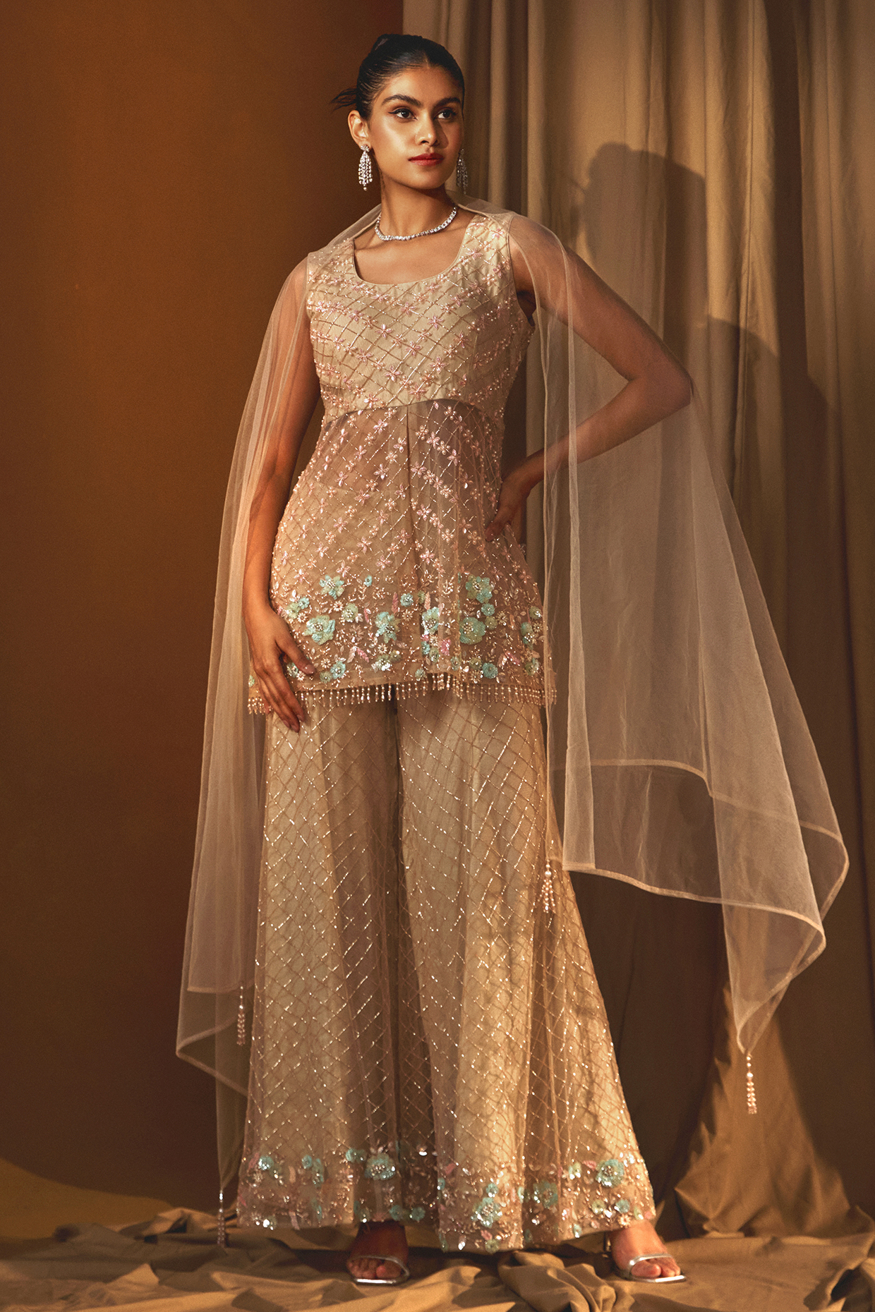 Beige Net Embellished Wedding Sharara Set by Label Japji Arora at Pernia's Pop Up Shop