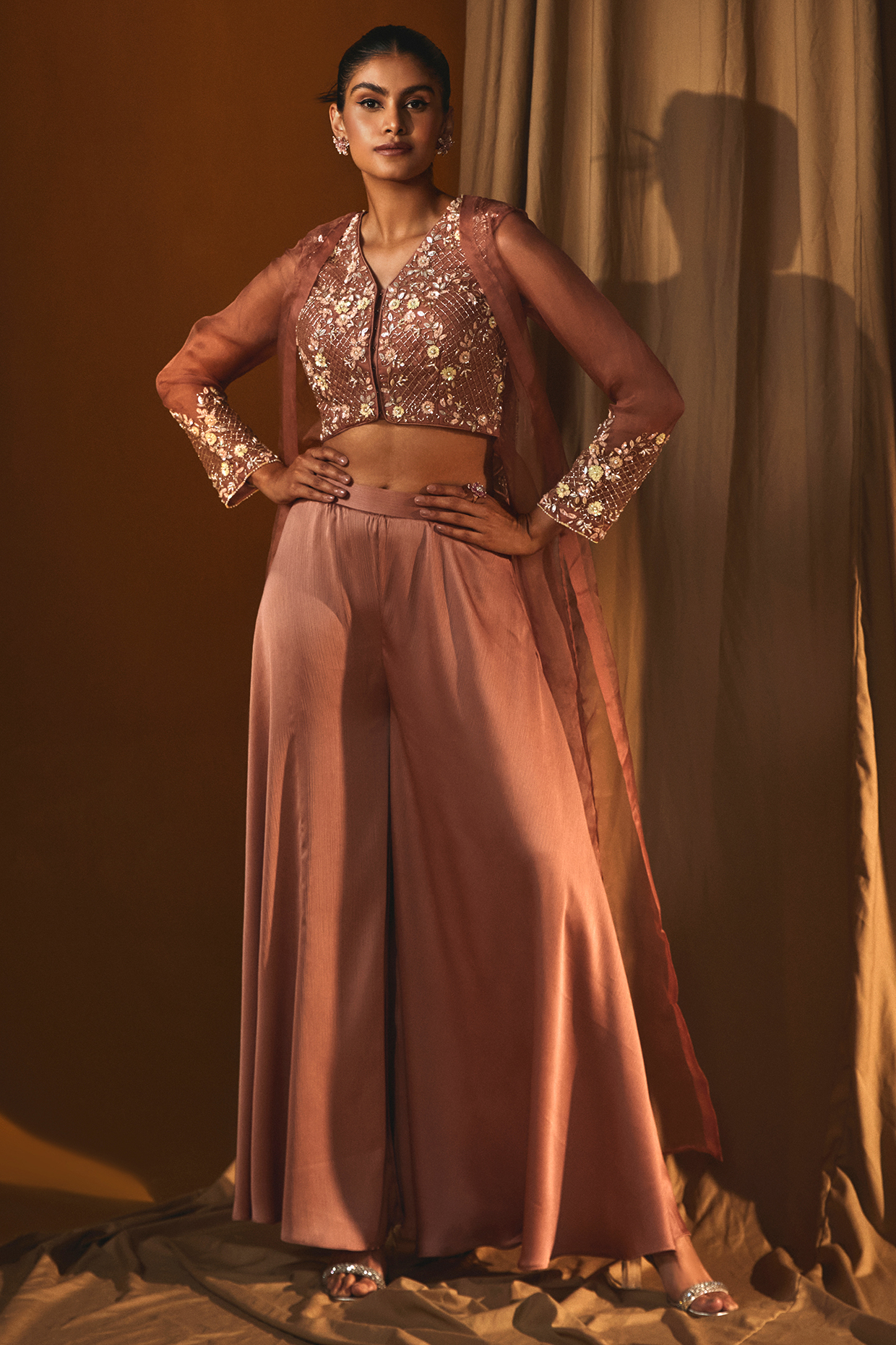 Peach Organza Sequins Embroidered Front Open Cape Set by Label Japji Arora at Pernia's Pop Up Shop