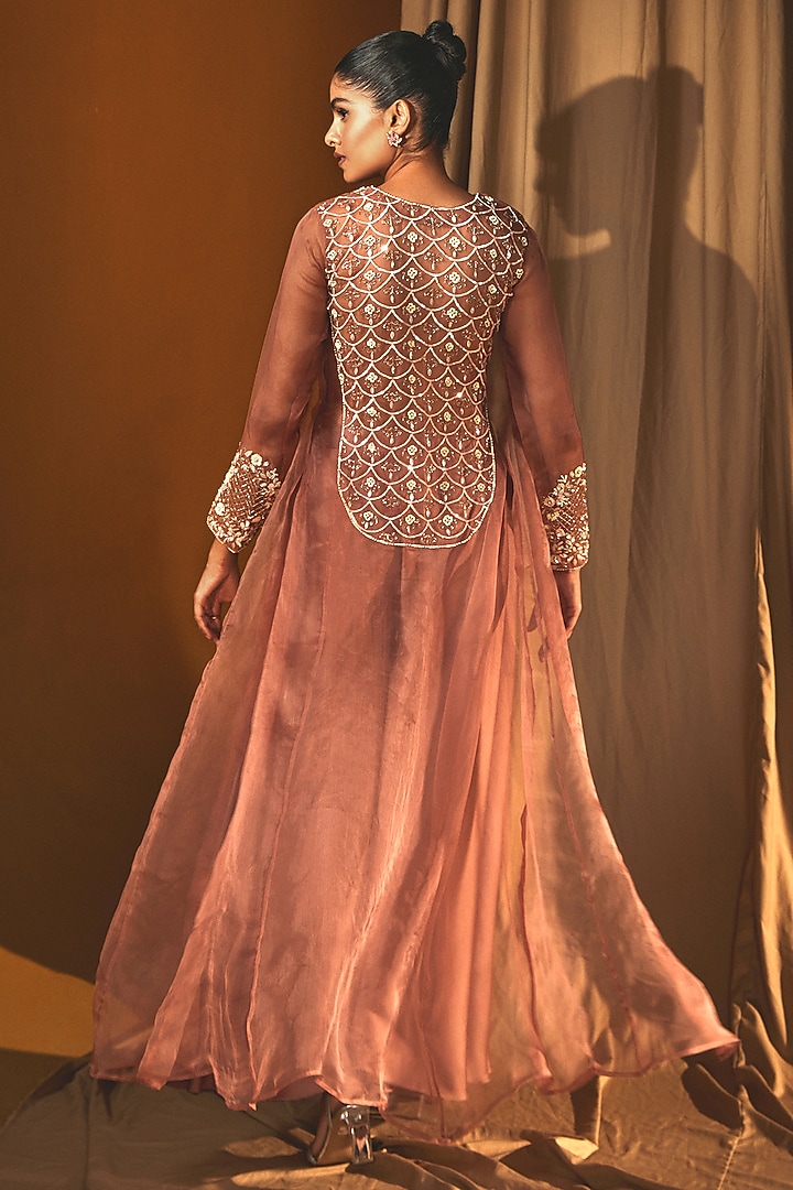Peach Organza Sequins Embroidered Front Open Cape Set by Label Japji Arora at Pernia's Pop Up Shop