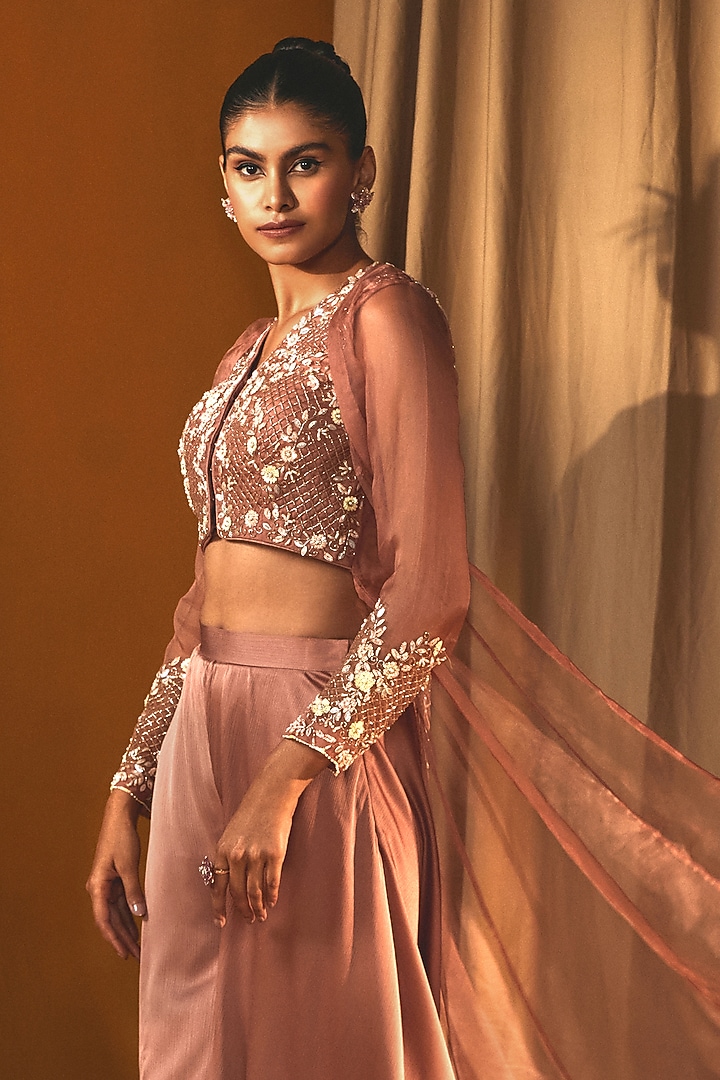 Peach Organza Sequins Embroidered Front Open Cape Set by Label Japji Arora at Pernia's Pop Up Shop