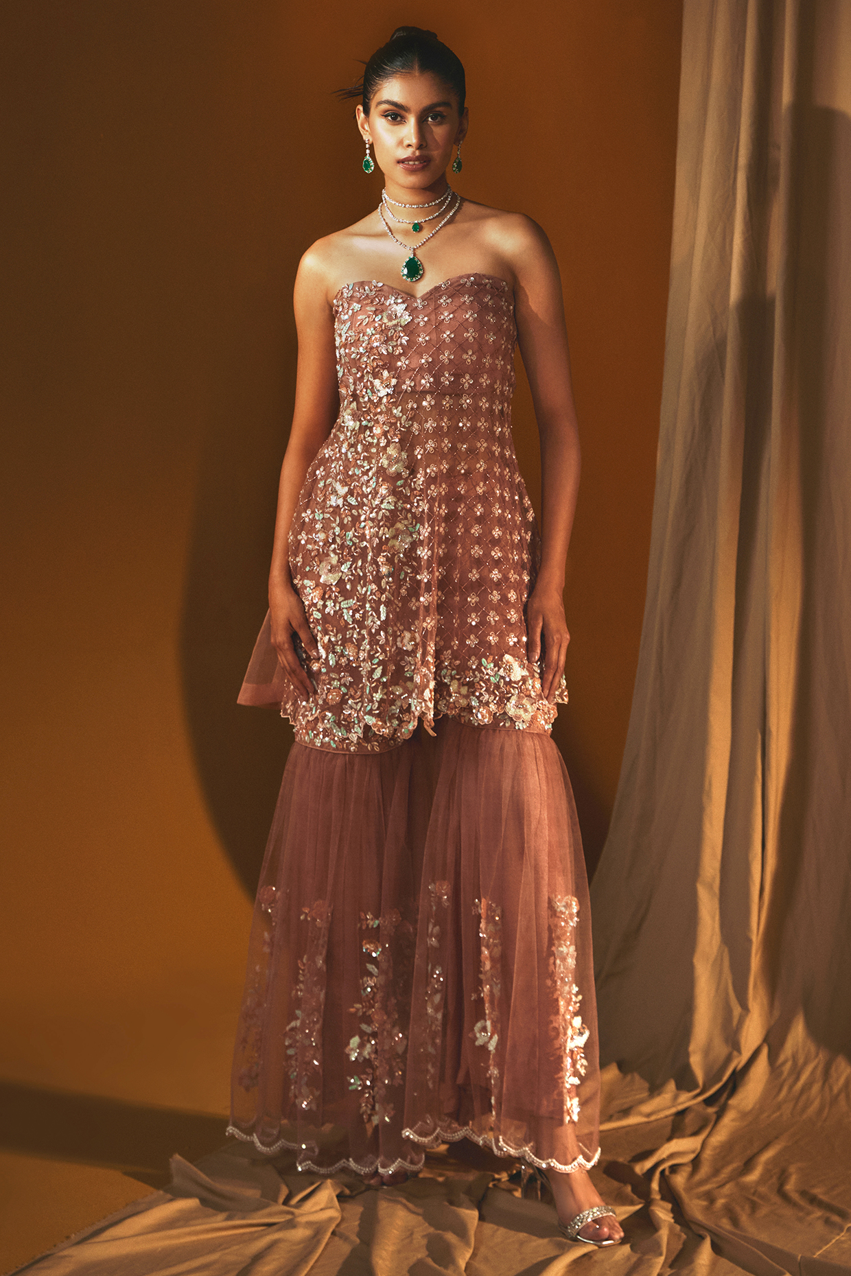 Peach Net Embroidered Wedding Sharara Set by Label Japji Arora at Pernia's Pop Up Shop