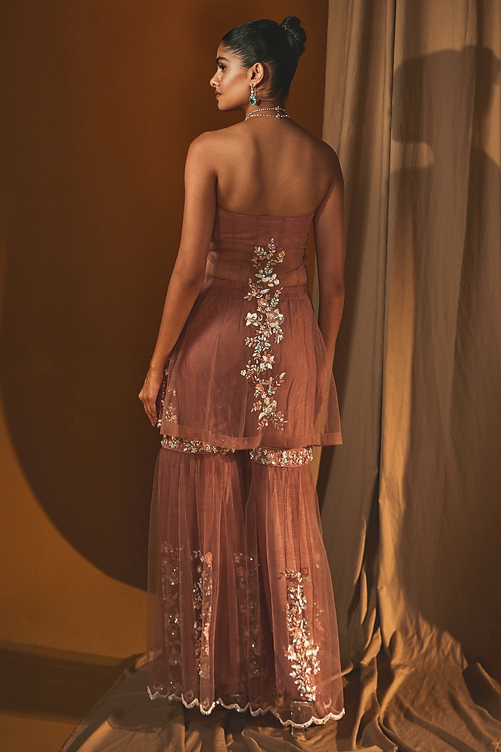 Peach Net Embroidered Wedding Sharara Set by Label Japji Arora at Pernia's Pop Up Shop