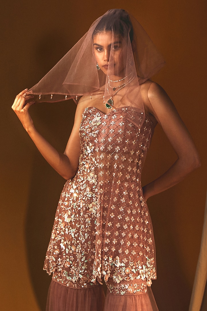 Peach Net Embroidered Wedding Sharara Set by Label Japji Arora at Pernia's Pop Up Shop