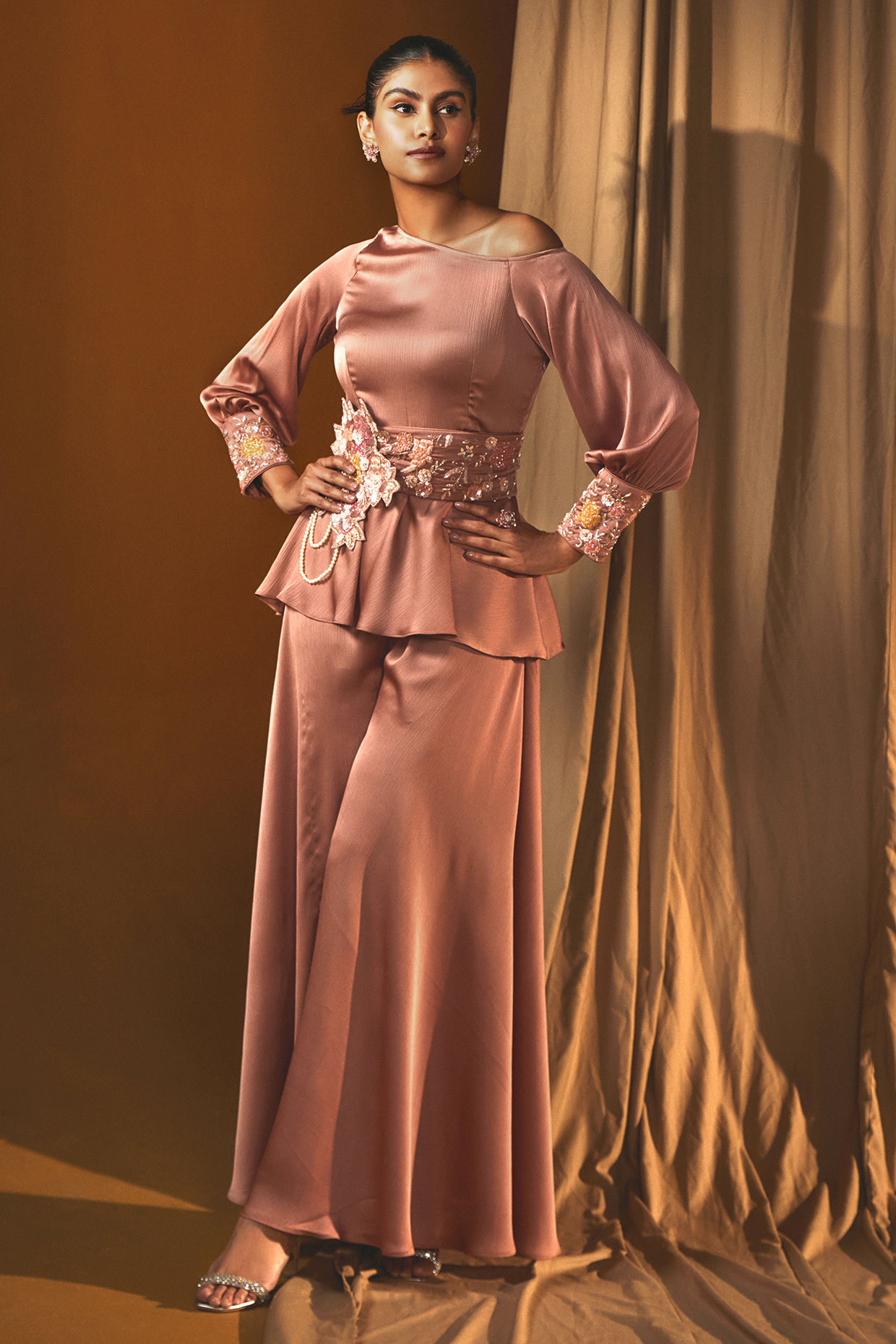Peach Chiffon Bell Bottom Pant Set by Label Japji Arora at Pernia's Pop Up Shop