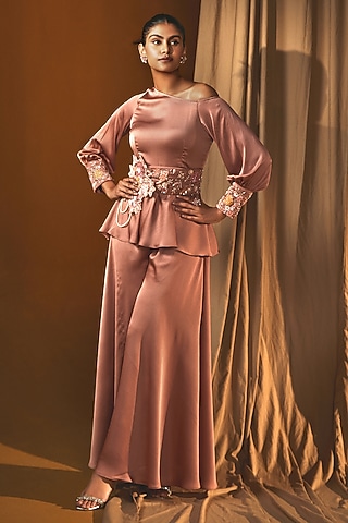 Peach Chiffon Bell Bottom Pant Set by Label Japji Arora
