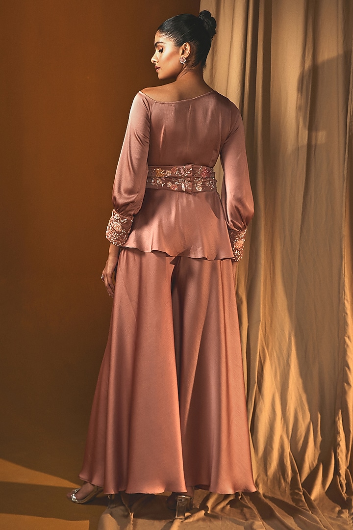Peach Chiffon Bell Bottom Pant Set by Label Japji Arora at Pernia's Pop Up Shop