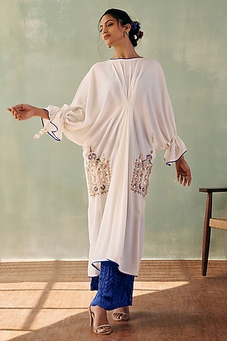 Ivory Georgette Sequins Embroidered Kaftan Set by Label Japji Arora