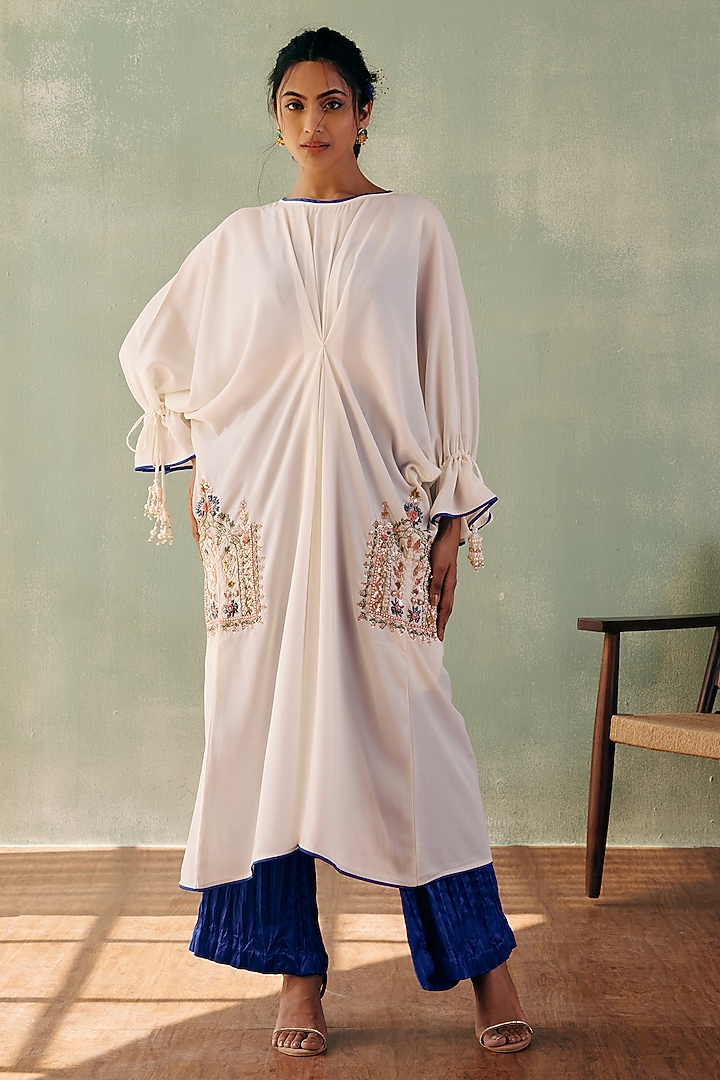Ivory Georgette Sequins Embroidered Kaftan Set by Label Japji Arora at Pernia's Pop Up Shop