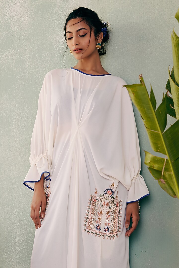 Ivory Georgette Sequins Embroidered Kaftan Set by Label Japji Arora at Pernia's Pop Up Shop